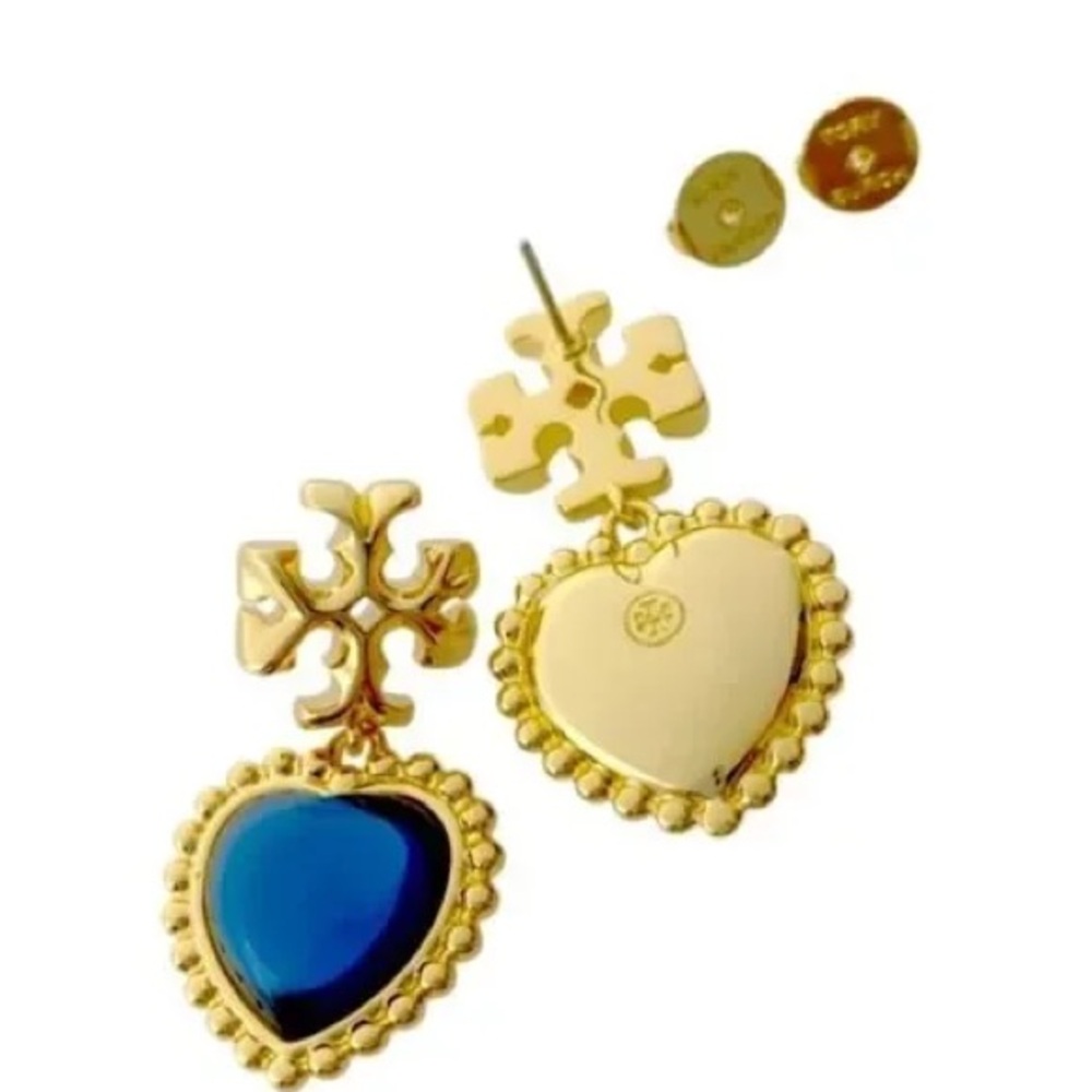 Tory Burch ROXANNE gold logo blue heart drop earrings 💙🩵 - Picture 3 of 6